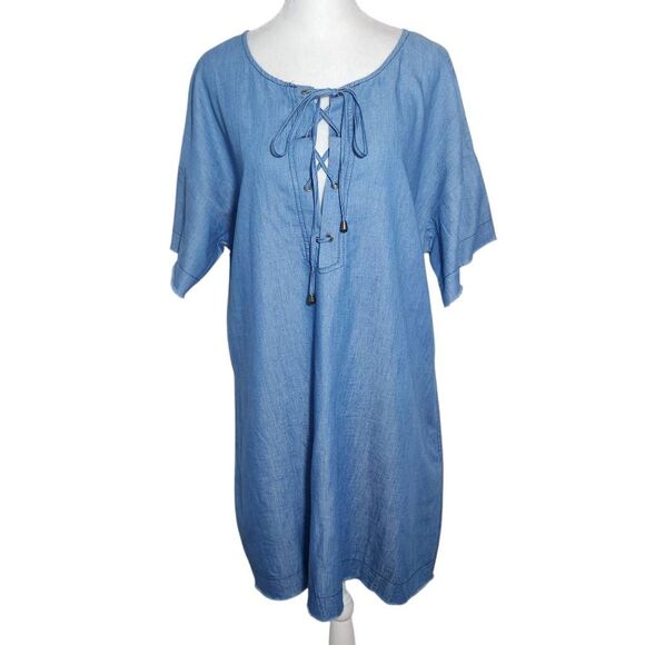 Mittoshop Chambray Mini Dress with Lace-Up Front Size Large Chambray Dress - Picture 1 of 9